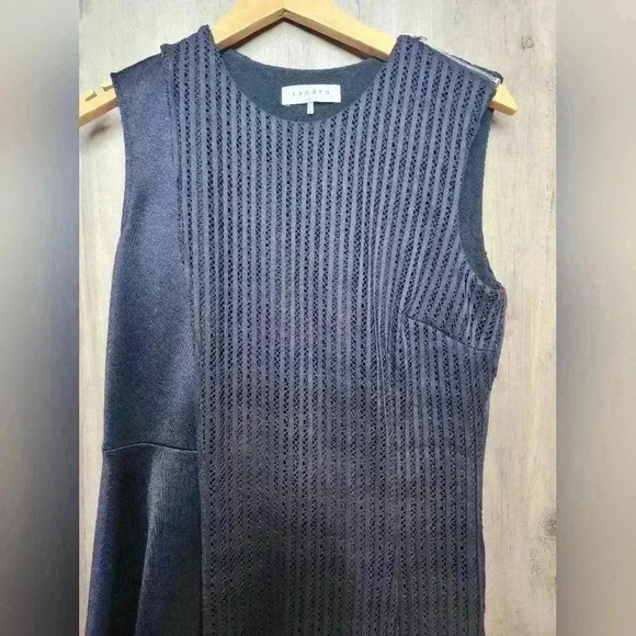 SANDRO Paris Ready Knitted-Panel Jersey Mini Dress Navy Blue Women's Size 8 US - Picture 7 of 15